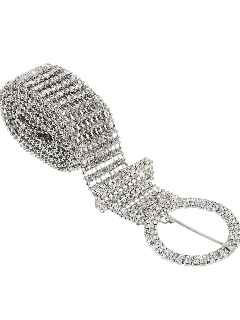 Silver Crystal Rhinestone Belt with Round Buckle